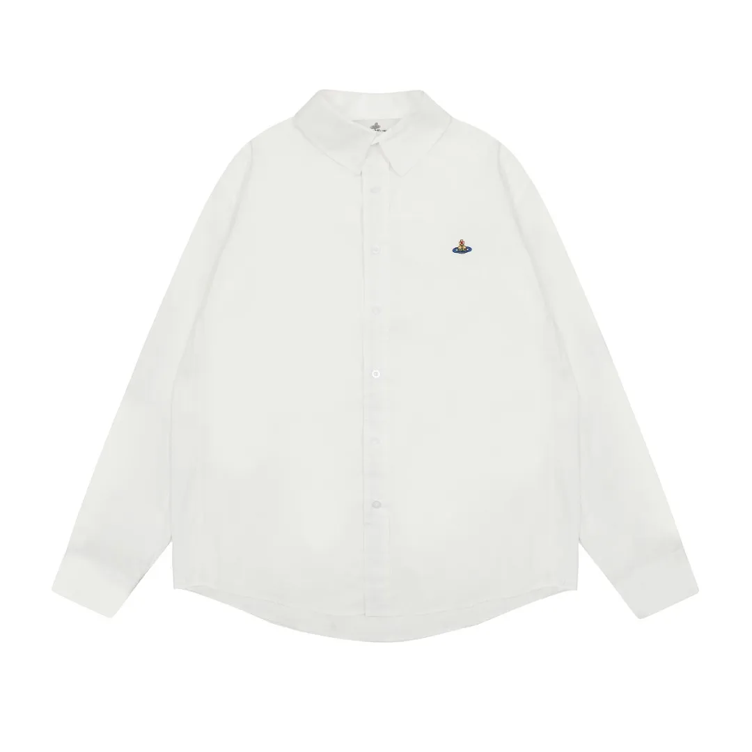 VIVI122#Same style for men and women" vivienne west wood Queen Mother Vivian Unisex style Casual suit style design shirt with metallic finishing touch on the cuffs Folding design of sleeves with high workmanship Double pressed seam patch design on the hem The upper body has a stylish design sense The white background picture details display effect is average The real texture quality far exceeds the picture The 3 colors are very versatile Color: Dark blue Black White Size: S M L